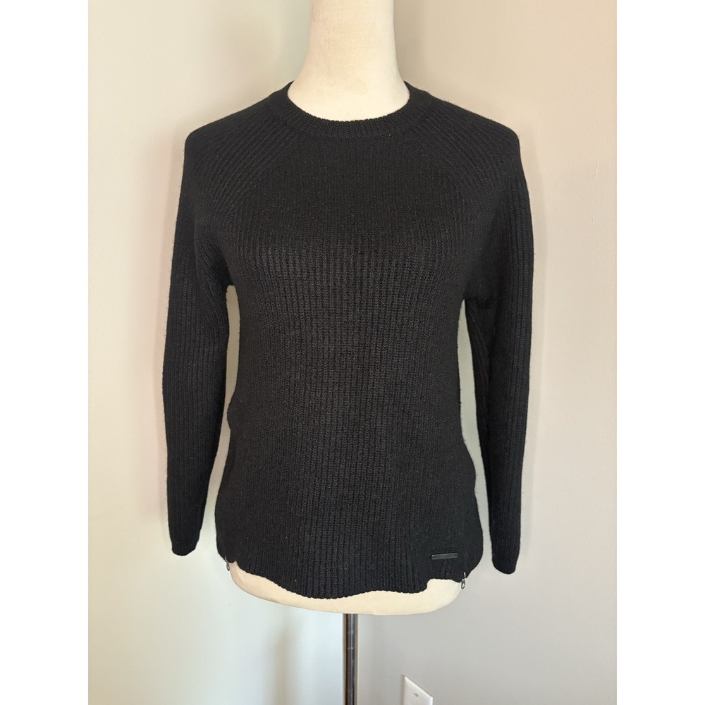 Carve Designs Black Wool Blend Ribbed Knit Side Zip Crewneck Sweater Size Small